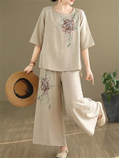 Conjunto de dos piezas de lino y algodón bordado vintage para mujer: blusa holgada y pantalones anchos.