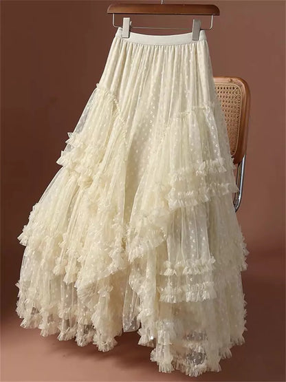 Fairycore Stufen-Maxirock aus Mesh in Übergröße mit Jacquard-Herzen