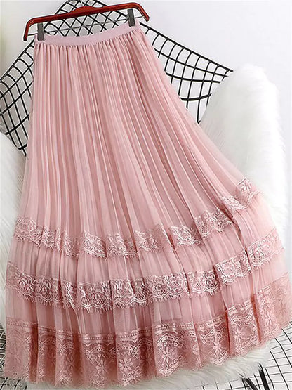 Plus Size A-Linien-Rock aus Mesh mit Spitzeneinsatz und Falten, Midi-Länge, plissiert, aus Spitze und Mesh in verschiedenen Größen