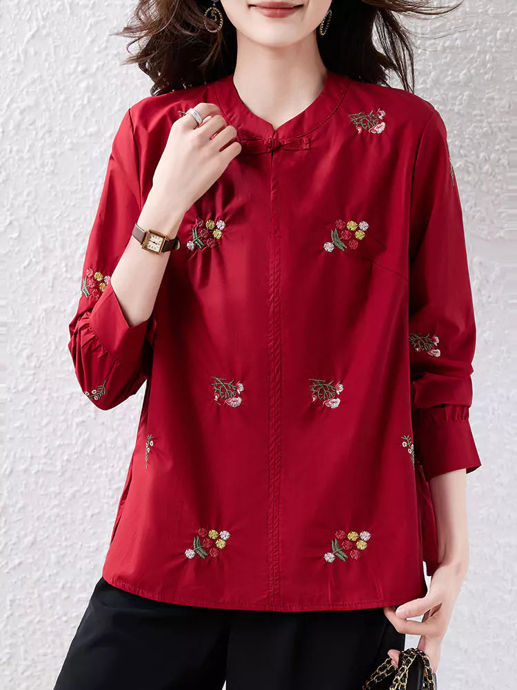 Trendy Embroidered Stand Collar Long Sleeve Blouse for Women with Frog Buttons