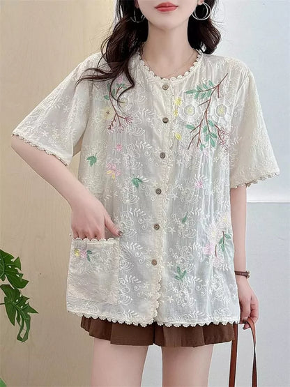 Sommerliches Jeanshemd mit floraler Stickerei, Rundhalsausschnitt, kurzen Ärmeln und lockerer Passform für Damen