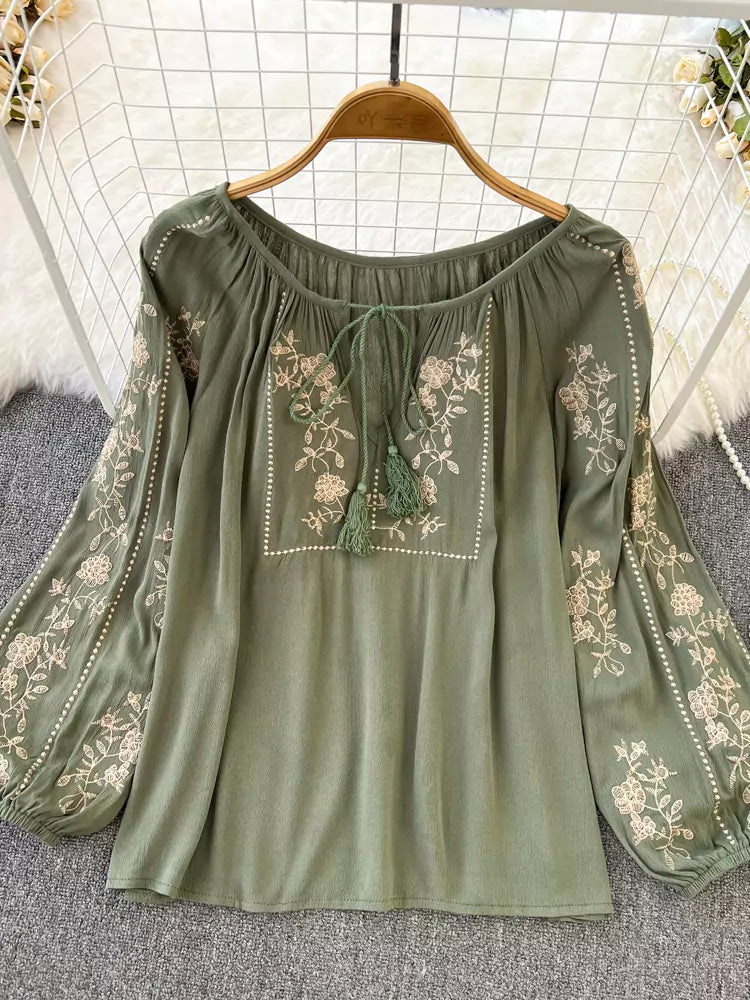 Vintage Black Boho Style Embroidered Long Sleeve Babydoll Blouse for Women