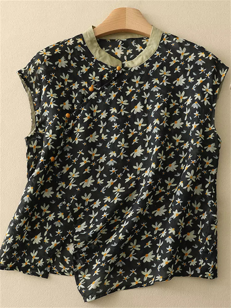 New Chinese Style Asymmetrical Placket Cotton Linen Blouse