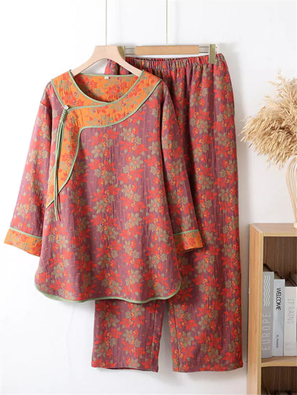 Nuevo conjunto de salón de gasa doble de algodón de estilo chino para mujer