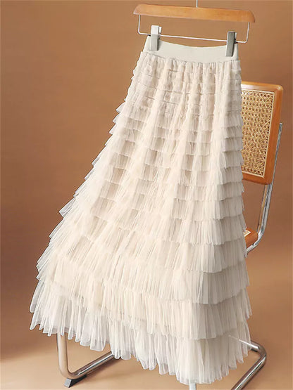 Eleganter, aprikosenfarbener, hochwertiger, mehrlagiger A-Linien-Rock aus Mesh für Damen