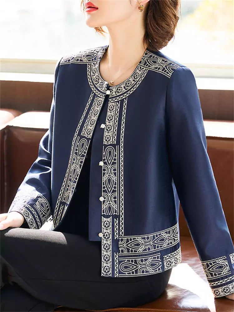 Vintage Jacquard Mulberry Silk Round-Neck Jacket for Women – Retro Tang-Style Top