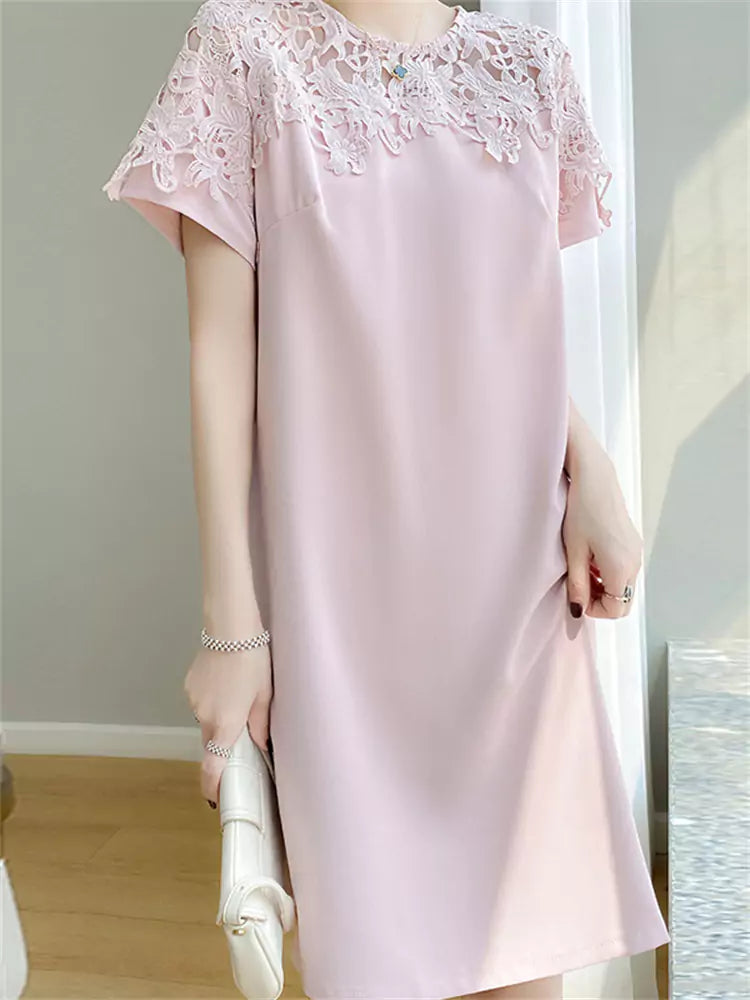 Vestido midi elegante de acetato y seda rosa para mujer: manga corta