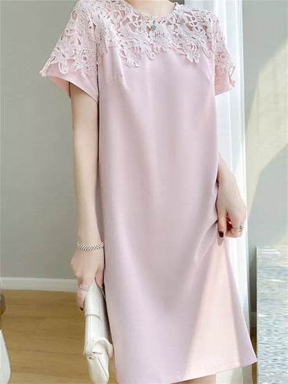 Schwarzes Kleid aus Acetat-Seidenspitze für Damen – Elegantes Midikleid mit kurzen Ärmeln