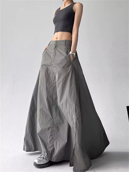 Grauer, hochtaillierter A-Linien-Maxirock im amerikanischen Vintage-Stil mit seitlicher Raffung für Damen