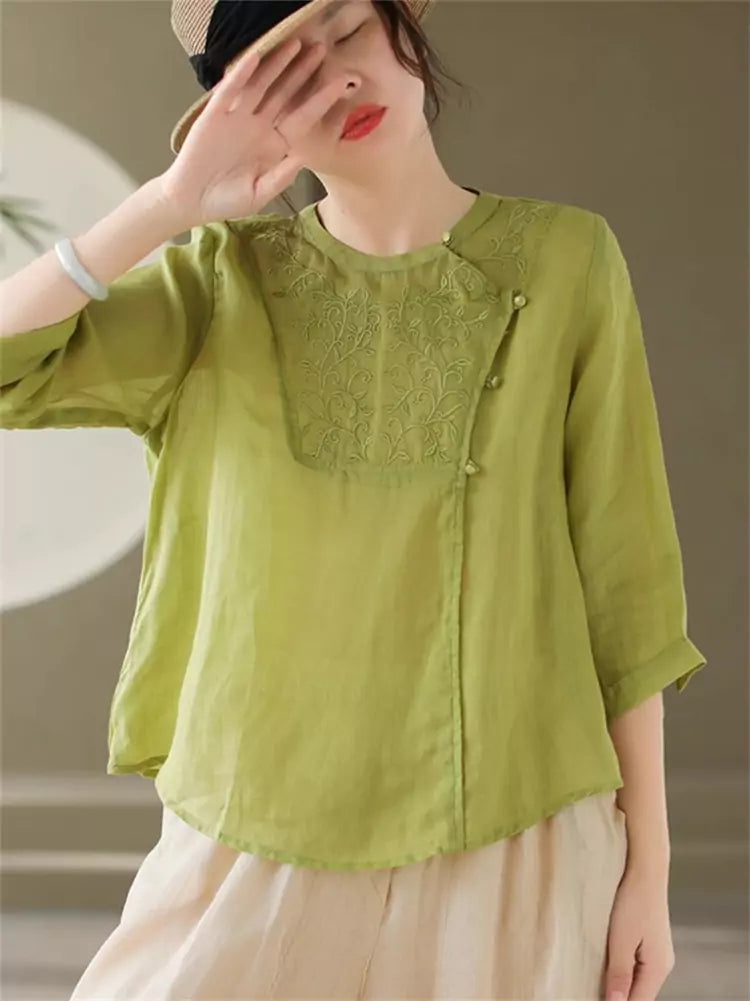 Vintage Chinese Style Green Asymmetric Placket Embroidered  Ramie Top for Women