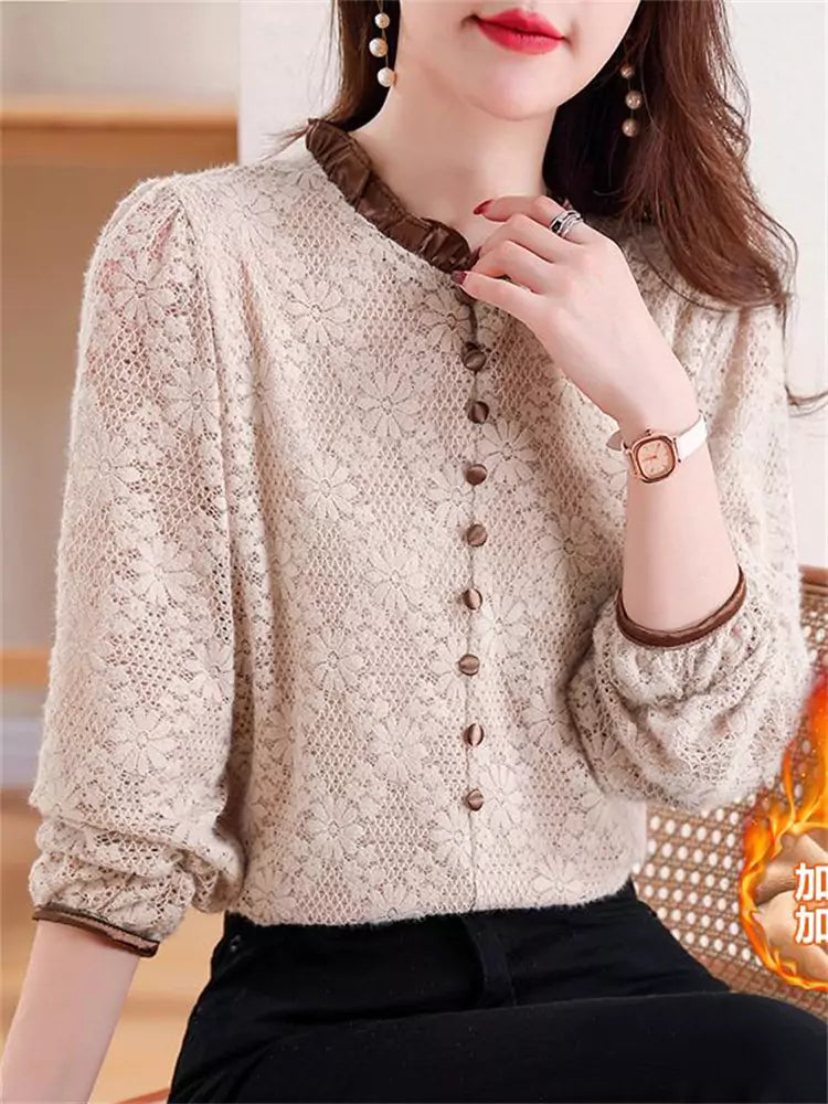 Elegante camisa de jacquard de manga larga estilo francés con cuello con volantes para mujer