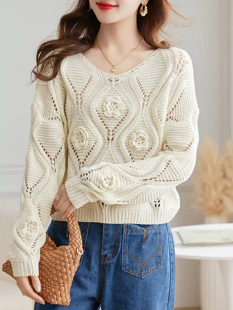Elegant Cropped Knit Sweater with Hollow-Out Design Women