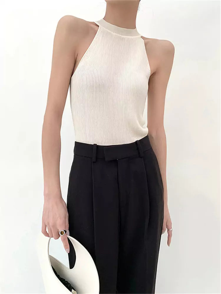 Halter Neck Knit Tank Top with Loose U Neck Pullover Two-Piece Set for Women