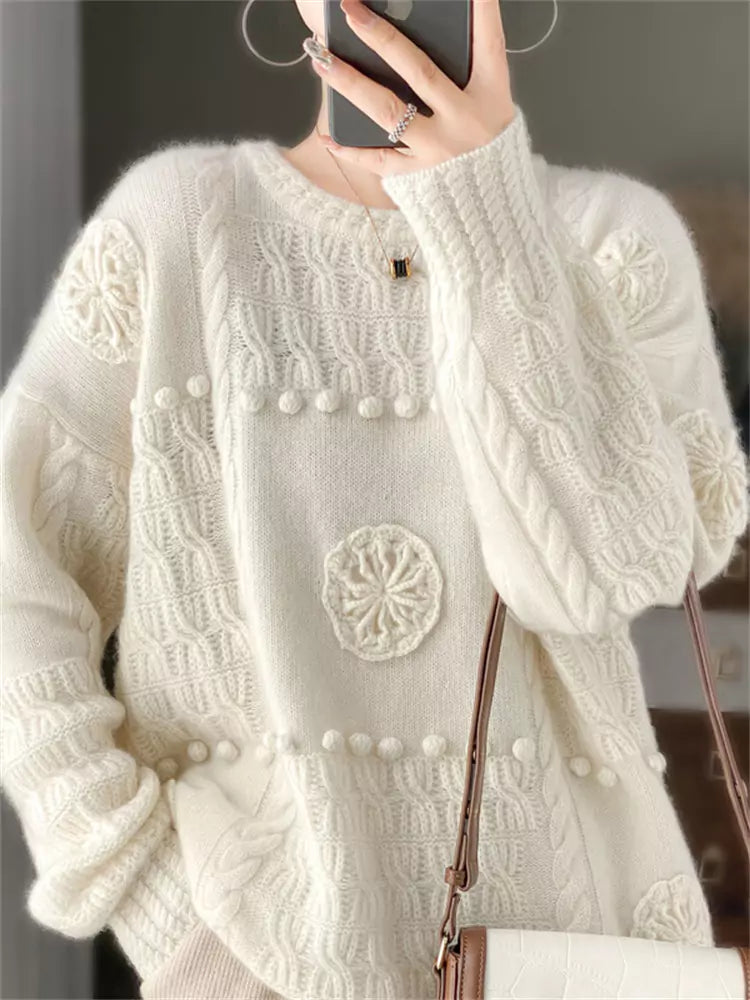 Vintage Round Neck Pullover Wool Sweater for Women with 3D Floral Embroidery