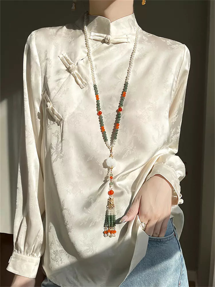 New Chinese Style Turquoise Green Jacquard Satin Blouse for Women