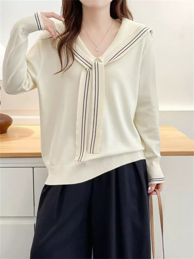 Striped Gray Sailor Collar Knit Sweater for Women