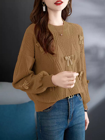 Damen-Strickpullover mit roter Schleife – Kurzer Pullover für Herbst und Winter