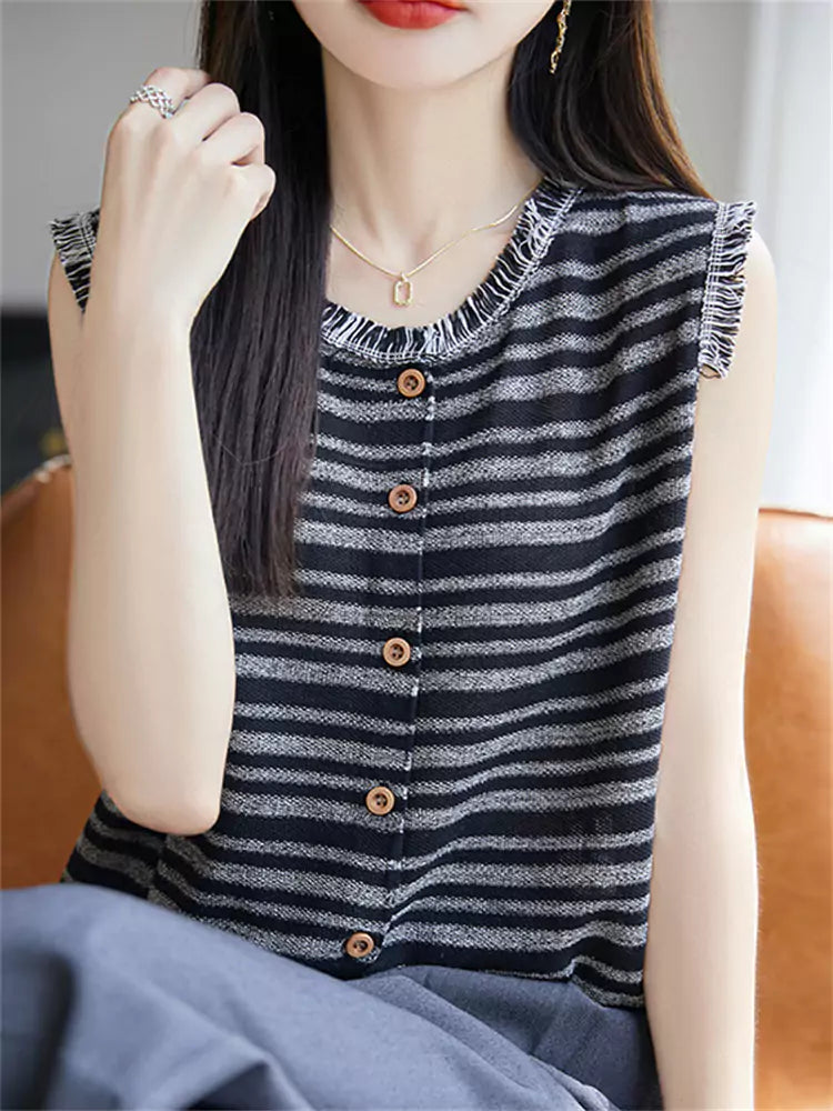 Striped Short Sleeve Ice Silk Knit T-Shirt for Women