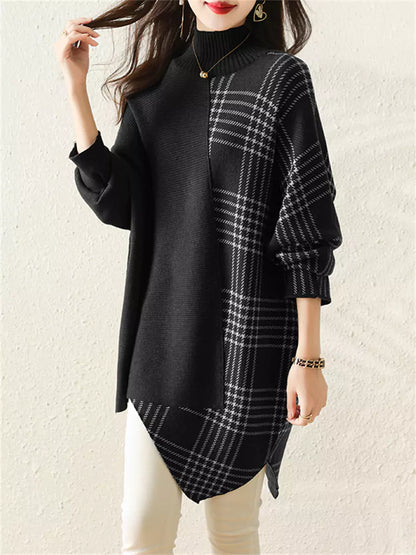 Damen-Rollkragenpulloverkleid mit asymmetrischem Karomuster – mittellang, dick gefüttert, lässiger Herbst-Winter-Stil