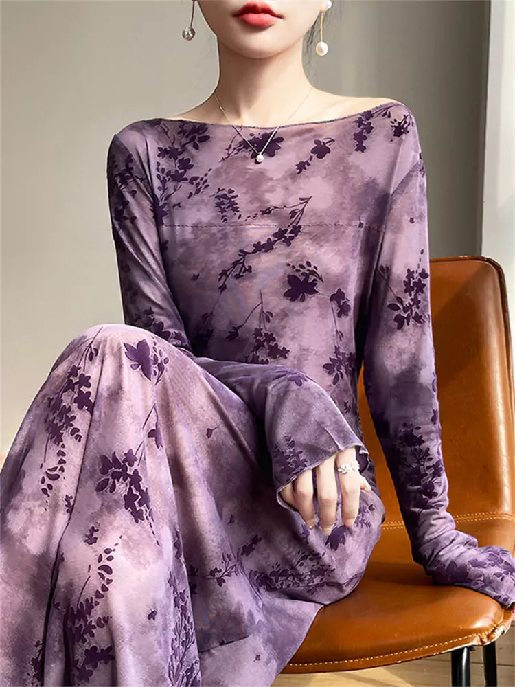 Vestido largo vintage de malla flocada para mujer