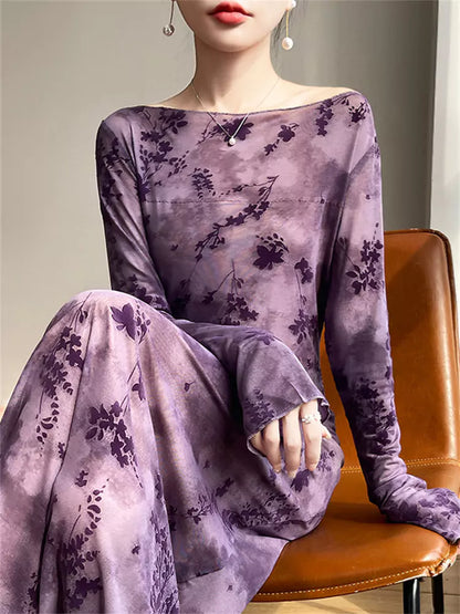 Vintage langes Damenkleid aus Mesh-Flock