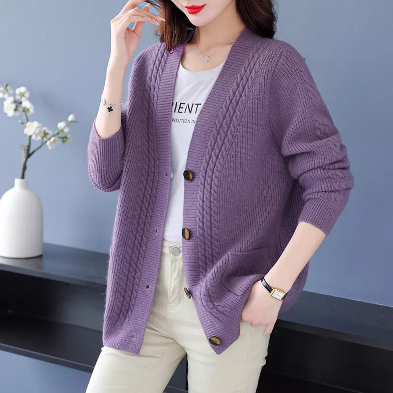 Stylish Solid Color V-Neck Knit Cardigan for Women