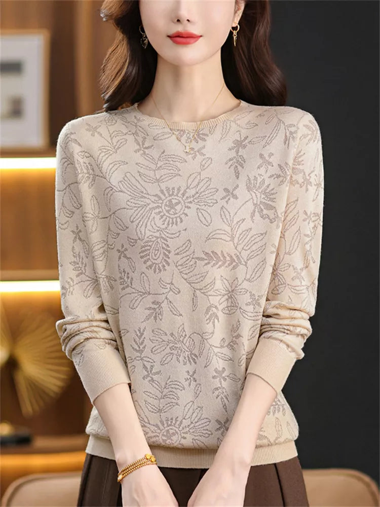 Elegante top de punto jacquard con cuello redondo para mujer