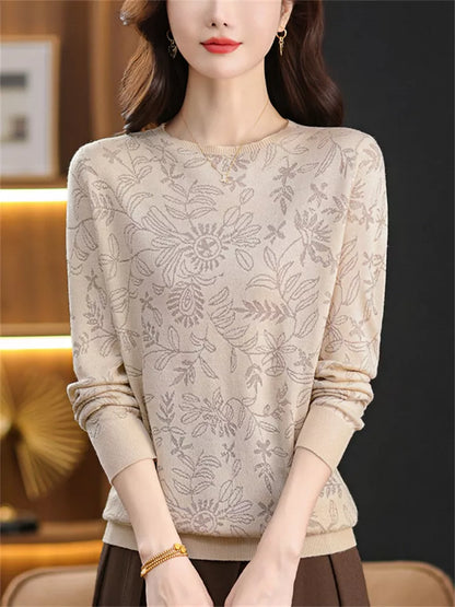 Elegante top de punto jacquard con cuello redondo para mujer