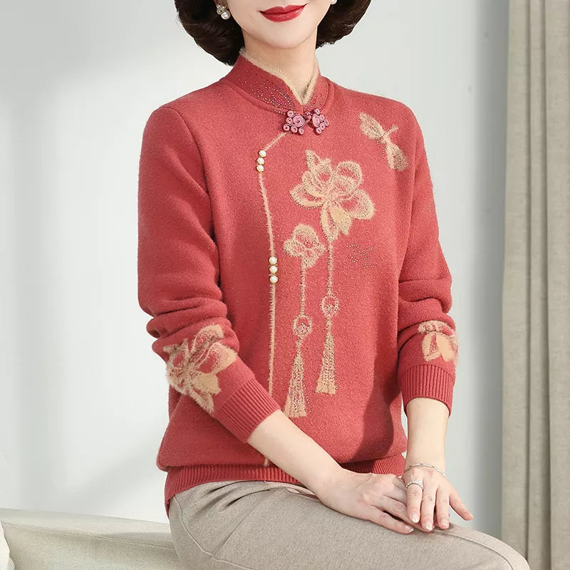 Camel Stand Collar Printed Knit Sweater for Women