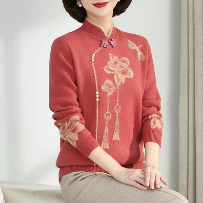 Suéter de punto con cuello alto estampado en color camel para mujer