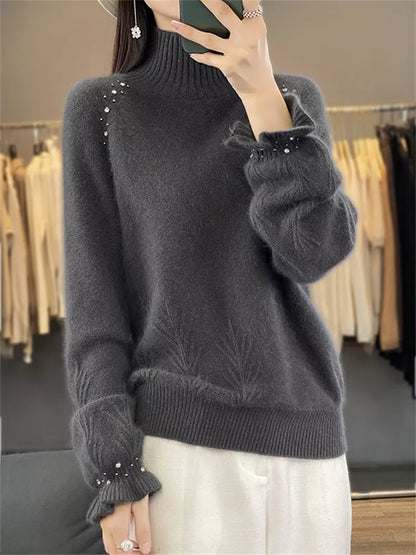Suéter de punto con cuello alto y adornos para mujer