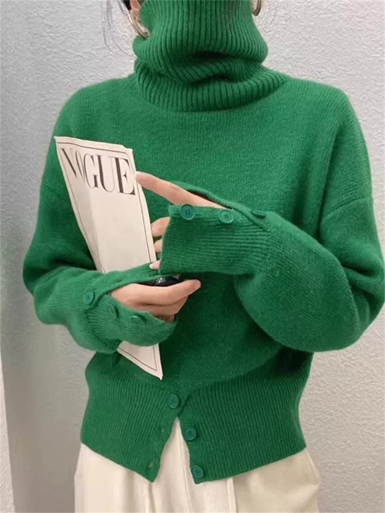 Women’s French Style High-Neck Pullover Sweater with Button Front Slit