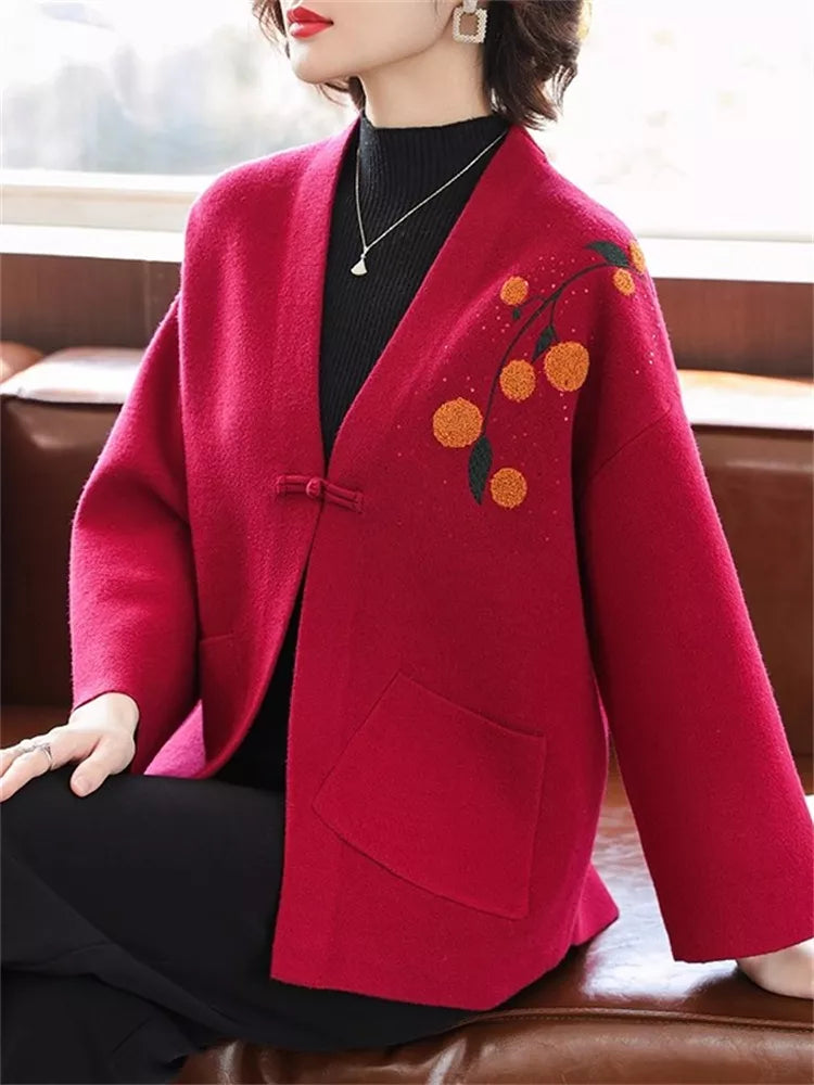 Cárdigan de punto con estampado amarillo de moda para mujer con botones tradicionales de rana