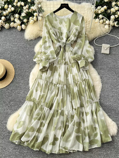 Elegantes, bedrucktes Maxikleid im französischen Stil mit Laternenärmeln für Damen