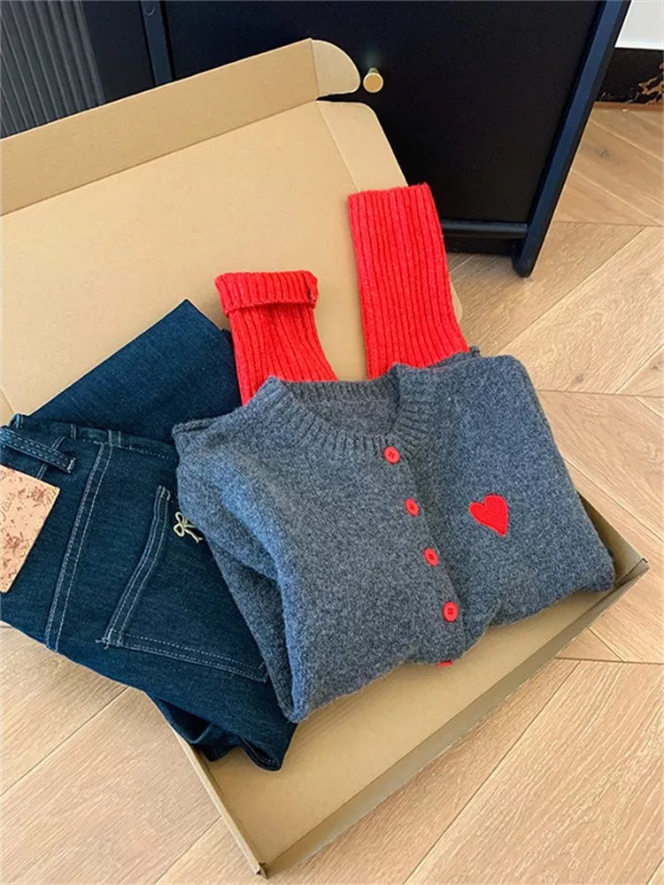 Women's Soft Contrast Color Block Knitted Cardigan with Heart Accent