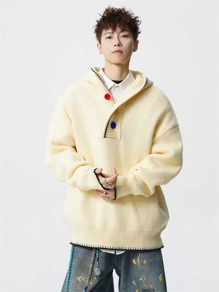 Men's American Retro Heavyweight Hooded Knit Sweater with Colorful Buttons