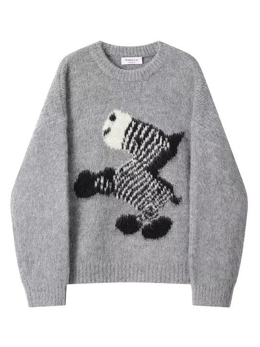Women's Gray Fuzzy Knit Sweater with Abstract Zebra Graphic