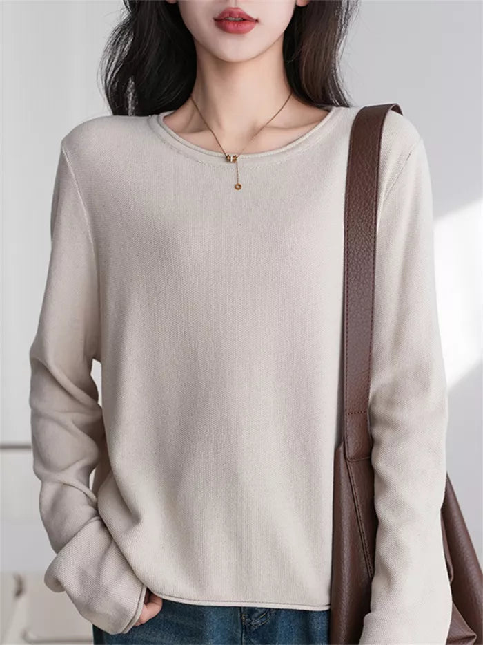 Women's Gray Cotton Crew Neck Long Sleeve Casual Top