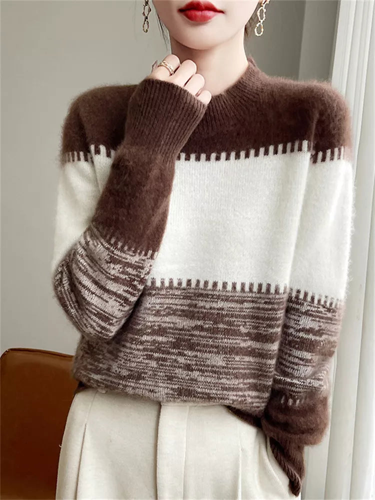Women's Brown Color Block Striped Soft Knitted Sweater Crew Neck Pullover