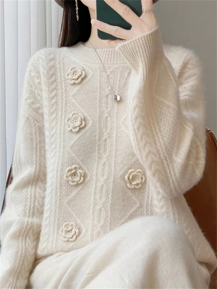 Handcrafted Beige Embroidered Pure Wool Sweater for Women