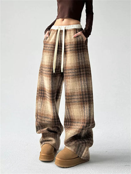 Women's Coffee High-Waisted Plaid Drawstring Woolen Wide Leg Pants