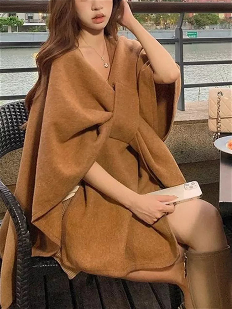 Women's Elegant Charcoal Grey Knotted Front Poncho Cape