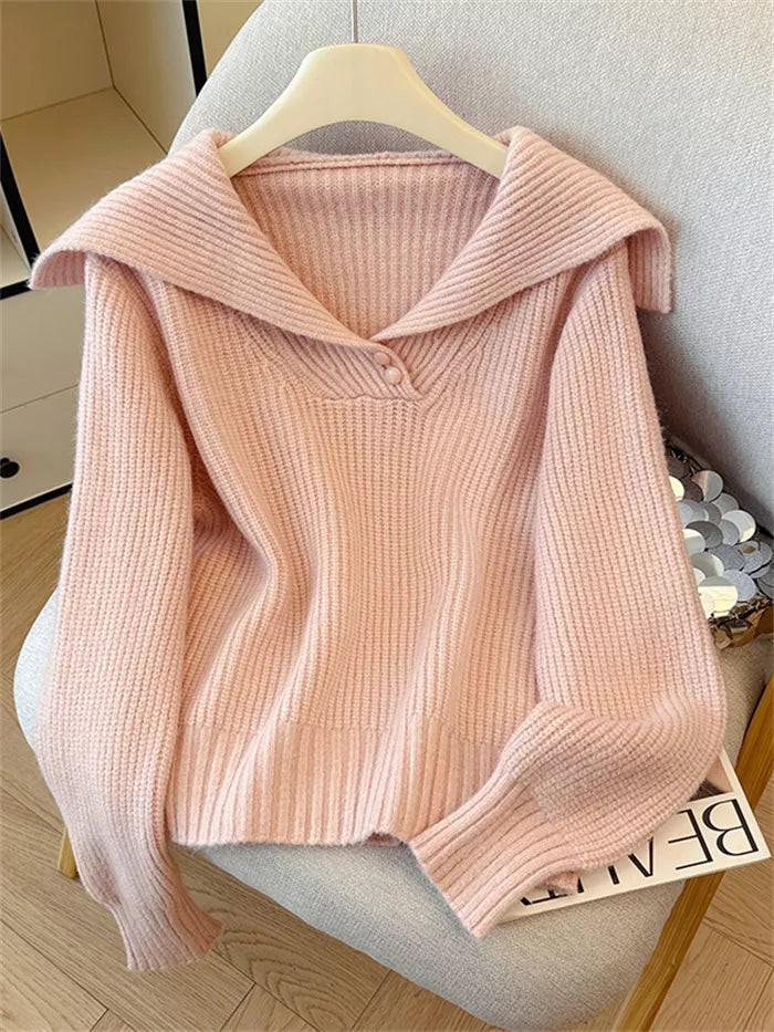Women's Sweet Pink Sailor Collar Knitted Sweater