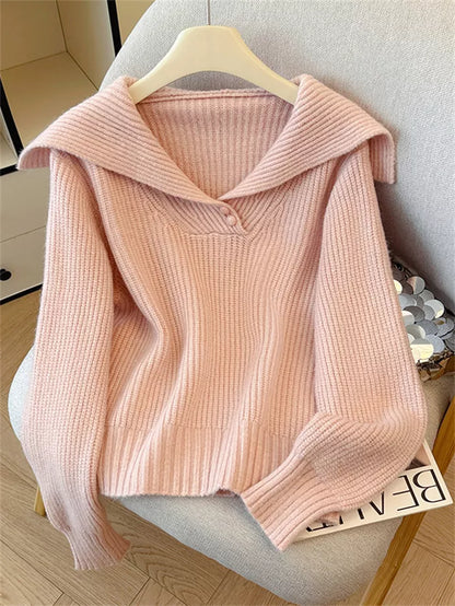 Women's Sweet Pink Sailor Collar Knitted Sweater