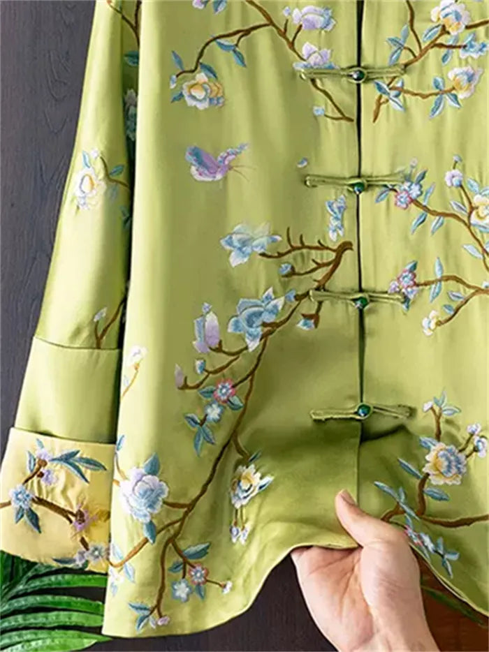 Women's Vintage Green Chinese Style Floral Embroidered Satin Blouse Traditional Zen Frog Button Jacket