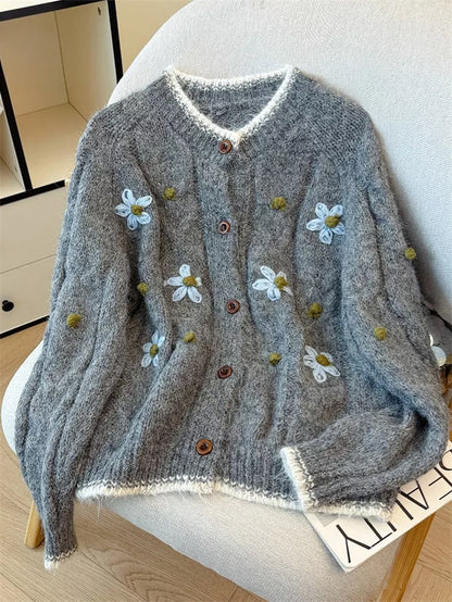 Women's Cream Cable Knit Cardigan with Blue Floral Embroidery