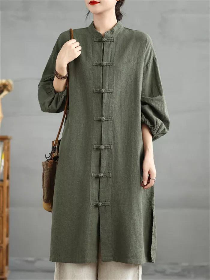 Women's Vintage Cotton Linen Long Coat Chinese Style Frog Button Zen Cardigan Trench Jacket