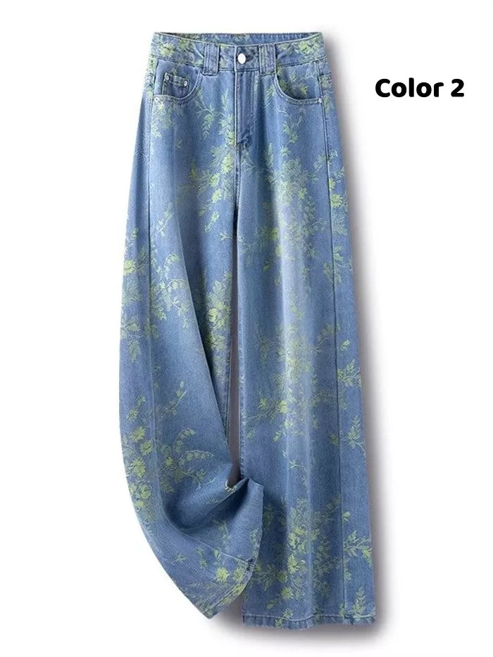 Women's Artistic Pink Abstract Jacquard Wide Leg Jeans High Waist Loose Straight Denim Pants