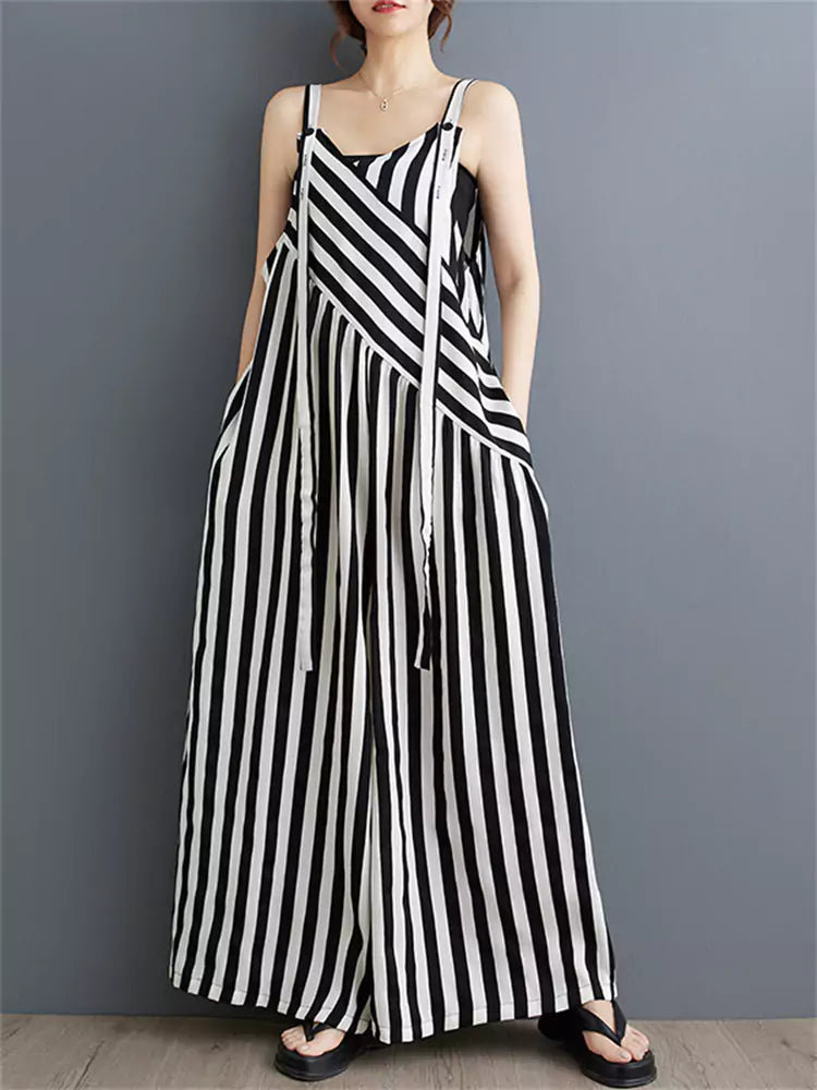 Mono holgado de estilo francés con tirantes y pierna ancha para mujer