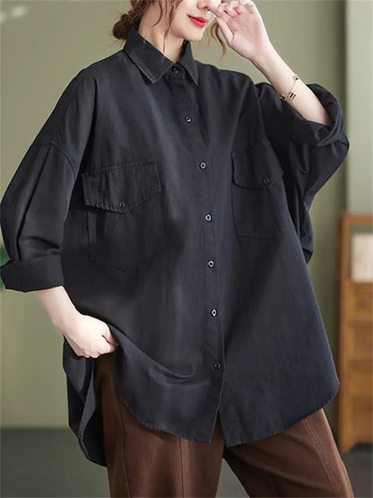 Plus Size Pockets Solid Color Long Shirt for Women